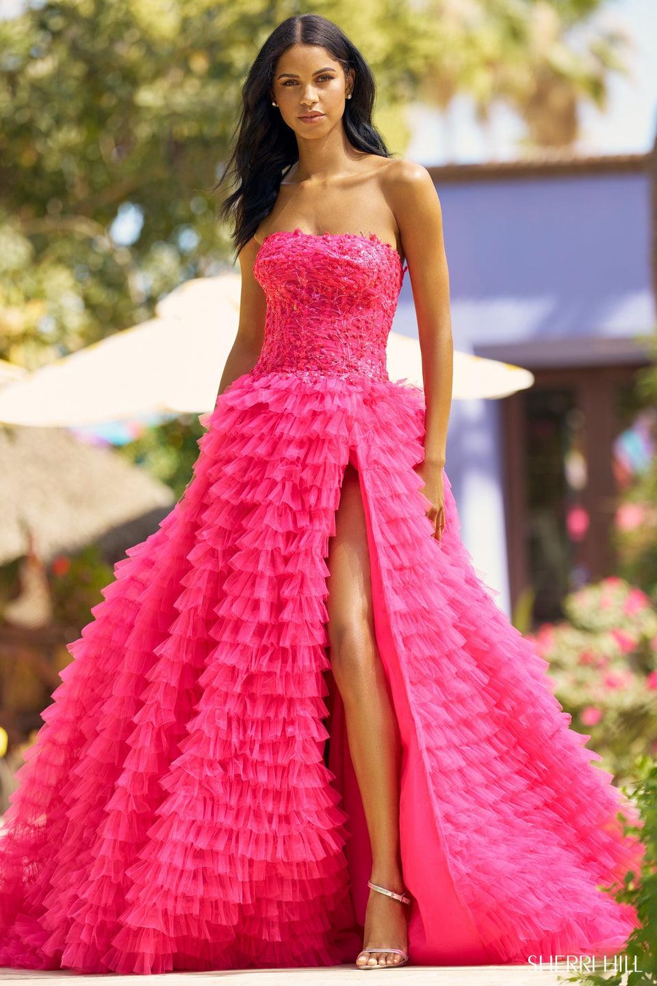 Sherri Hill Strapless Neckline Ball Gown With Sheer Laced Boned Bodice And Tulled Tiered High Slit Skirt