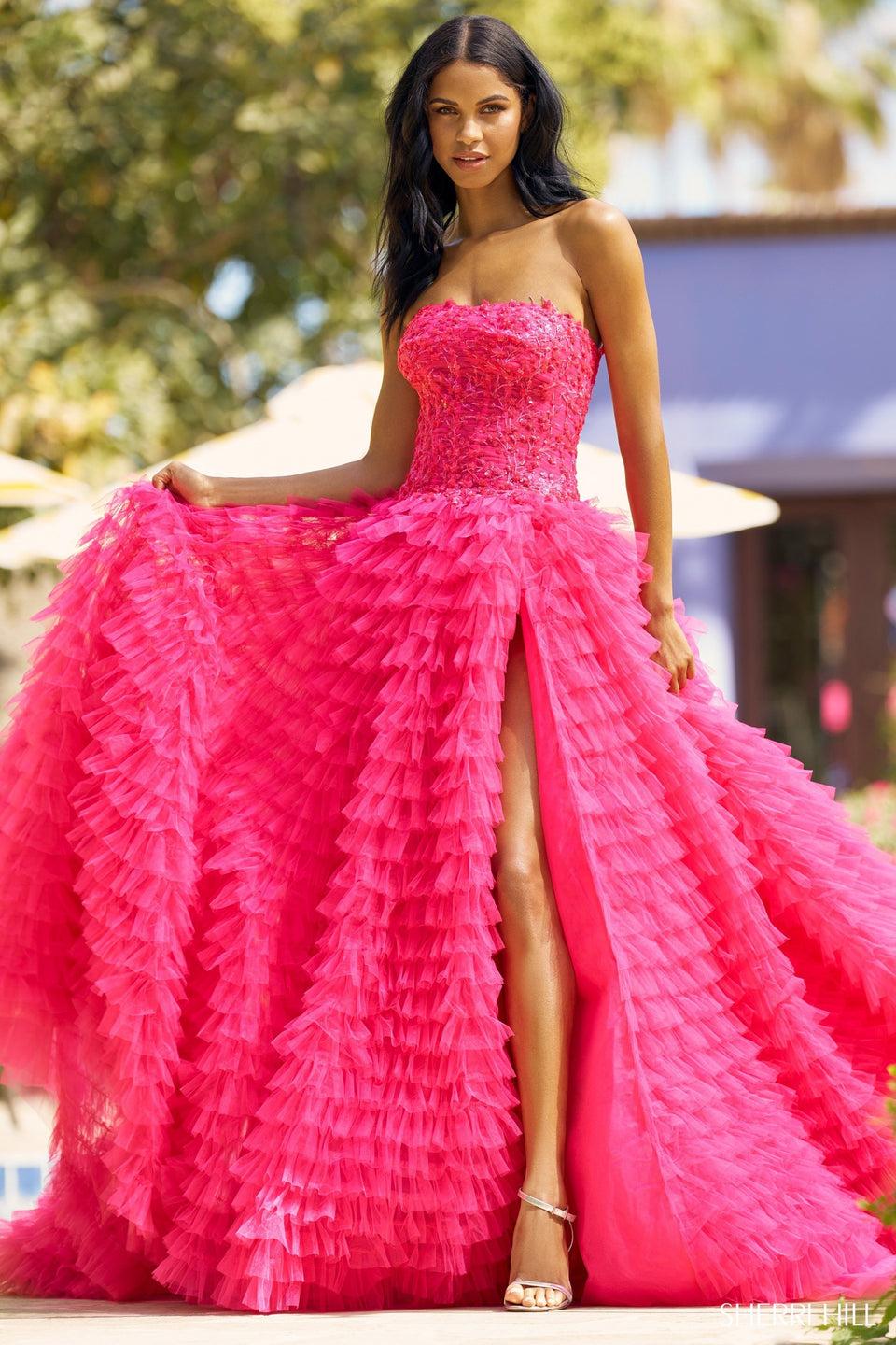 sherri hill Strapless neckline ball gown with sheer laced boned bodice and tulled tiered high slit skirt