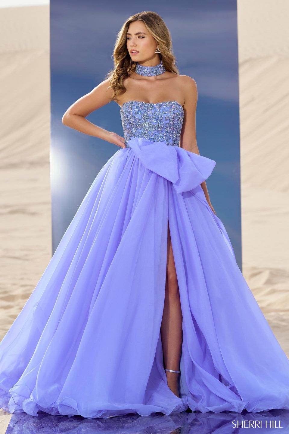 sherri hill Strapless organza ball gown with beaded bodice and skirt slit