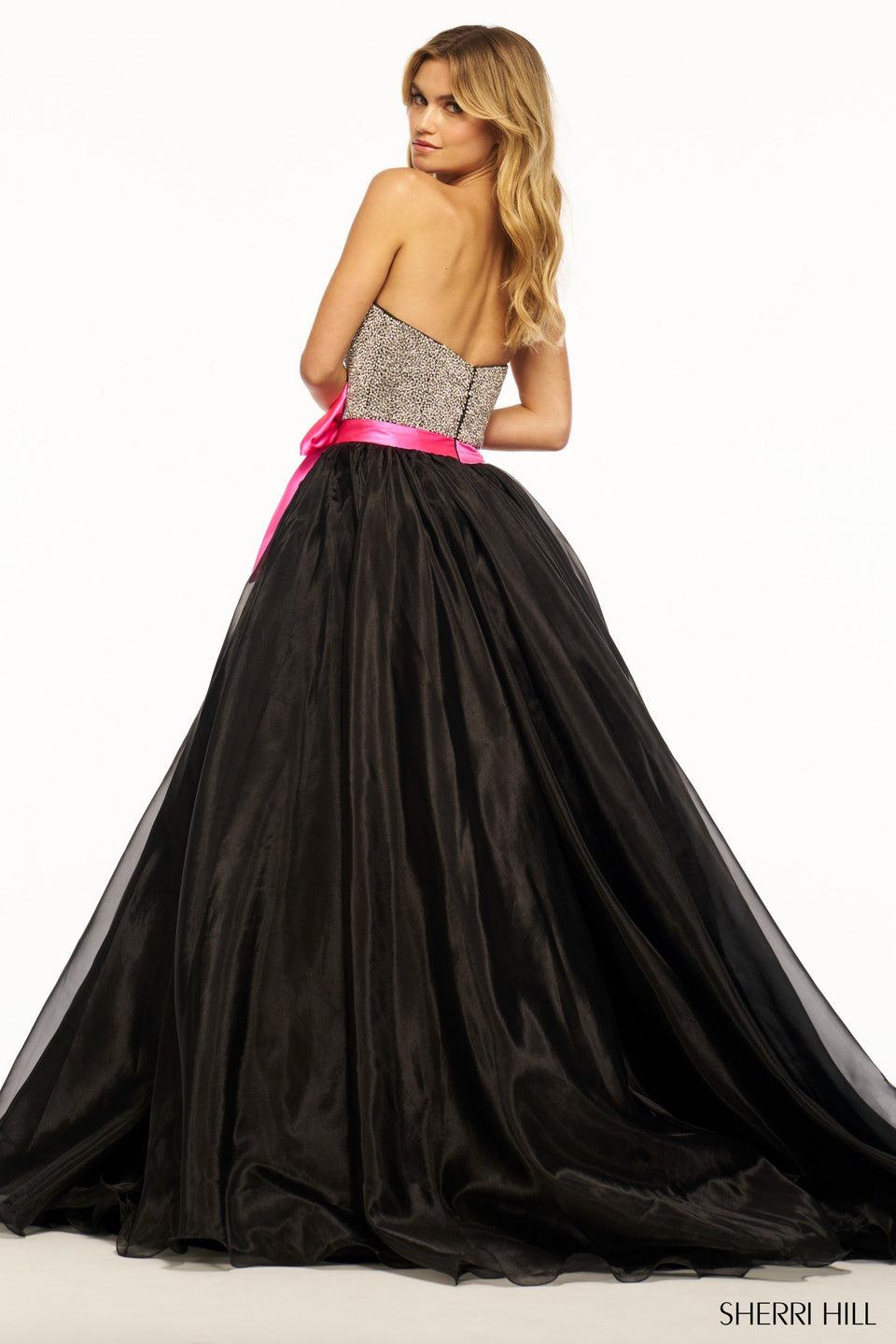 Sherri Hill Strapless Organza Ball Gown With Pearl Bodice And Satin Pink Bow