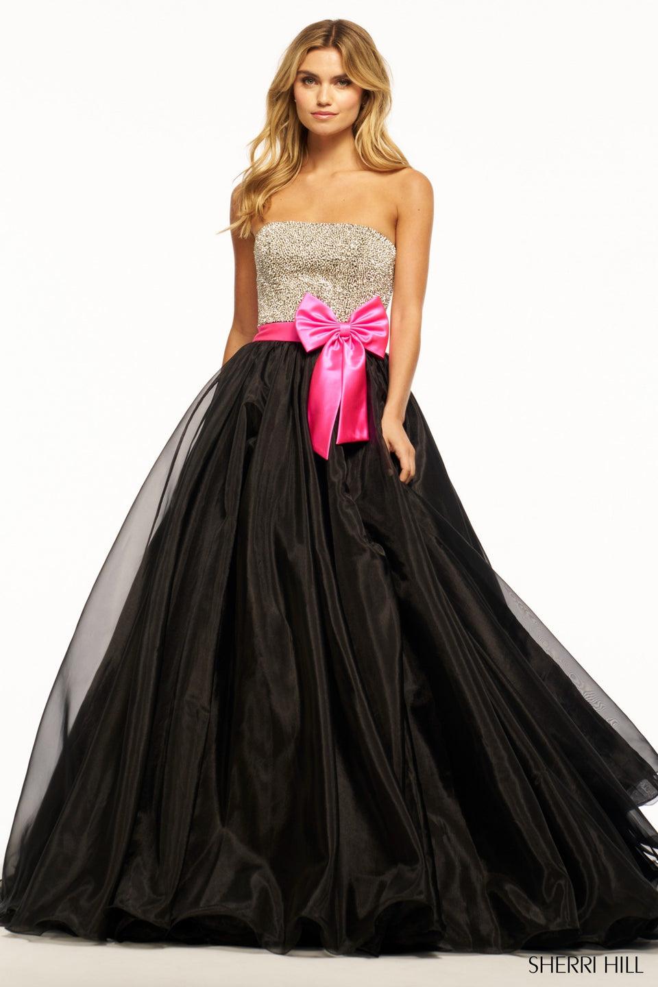 sherri hill Strapless organza ball gown with pearl bodice and satin pink bow