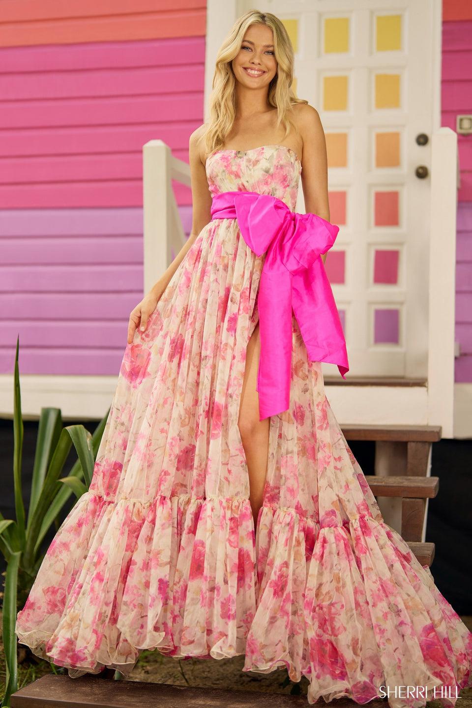 Sherri Hill Strapless Organza Floral Print Gown With Taffeta Bow And Skirt Slit