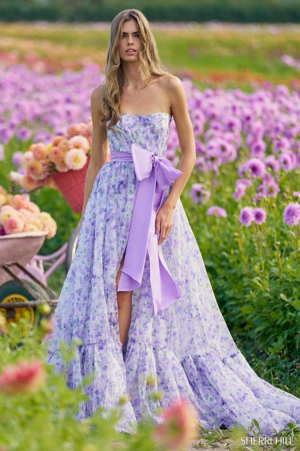sherri hill Strapless organza floral print with taffeta waistline bow and skirt slit