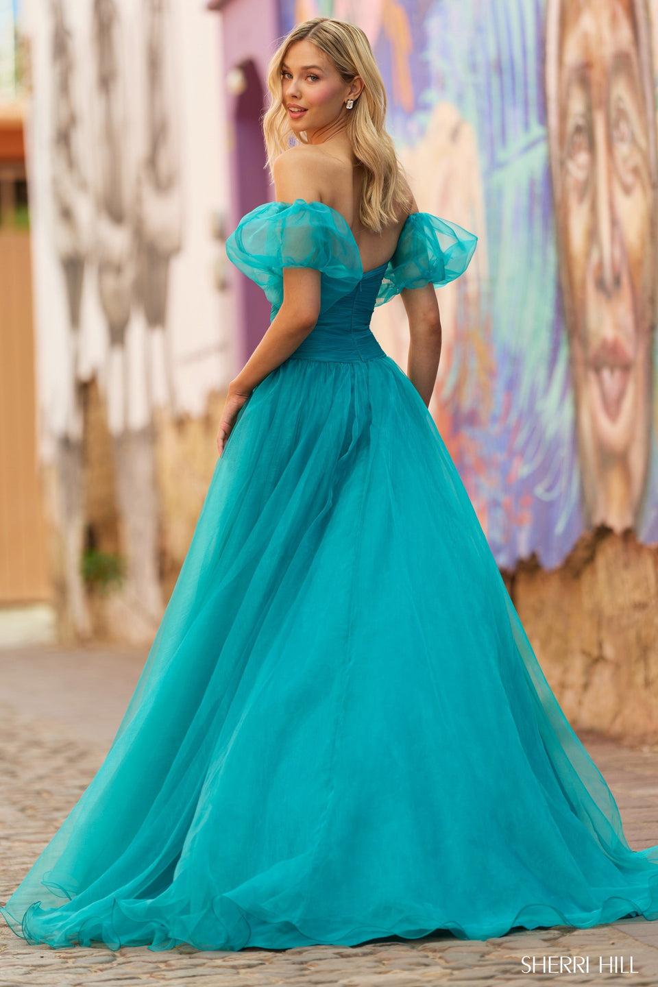 Sherri Hill Strapless Organza Gown With Key Holes Skirt High Slit And Removable Balloon Sleeves