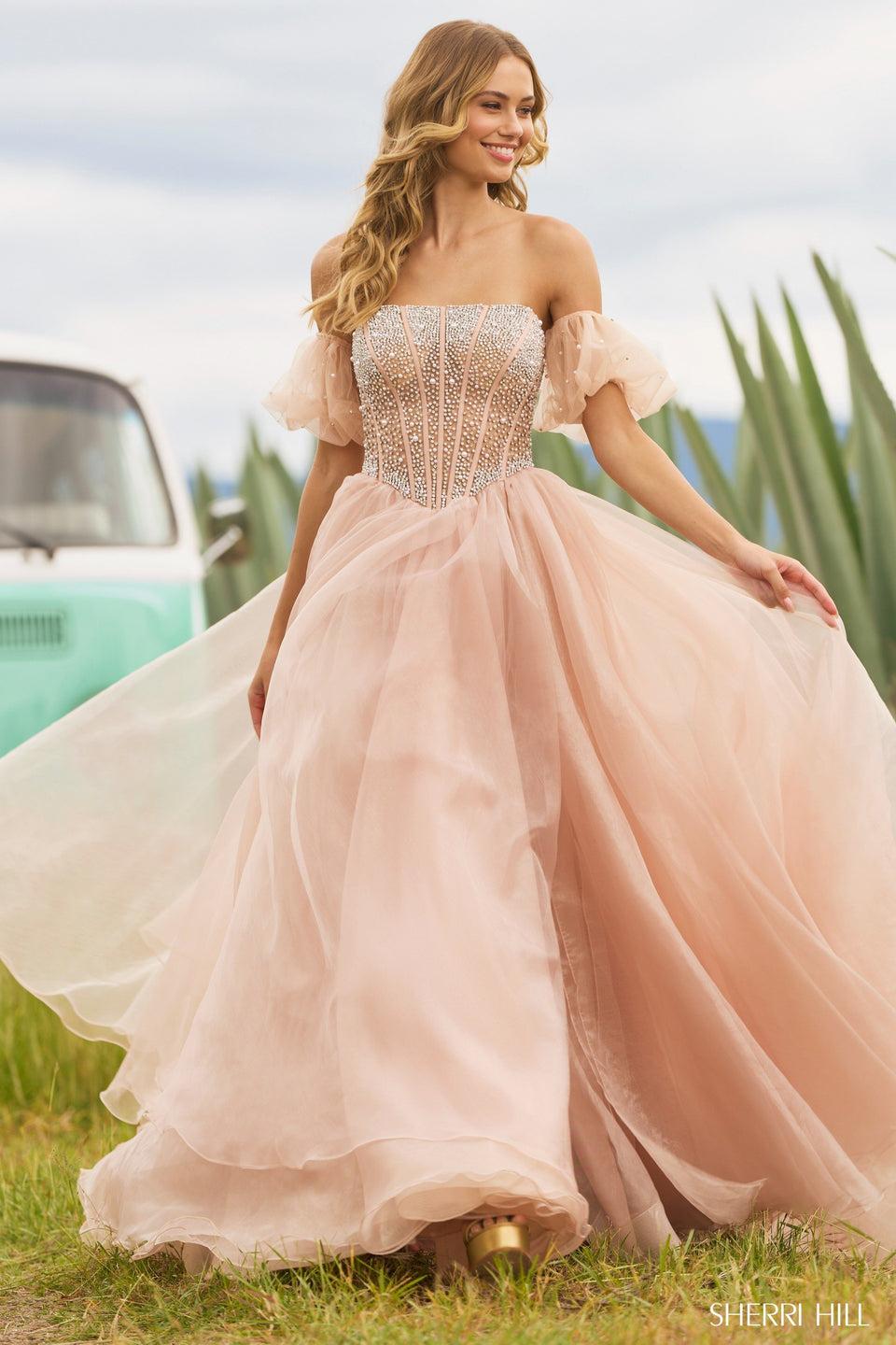 Sherri Hill Strapless Pearl Beaded Corset Gown With Organza Skirt Slit And Removable Ballon Sleeves