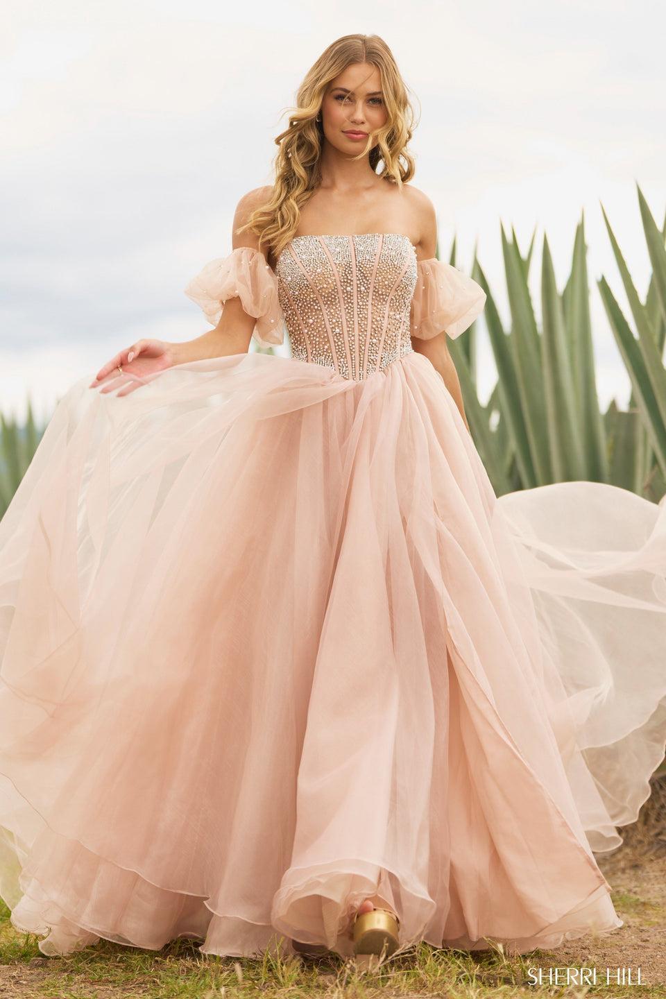 Sherri Hill Strapless Pearl Beaded Corset Gown With Organza Skirt Slit And Removable Ballon Sleeves