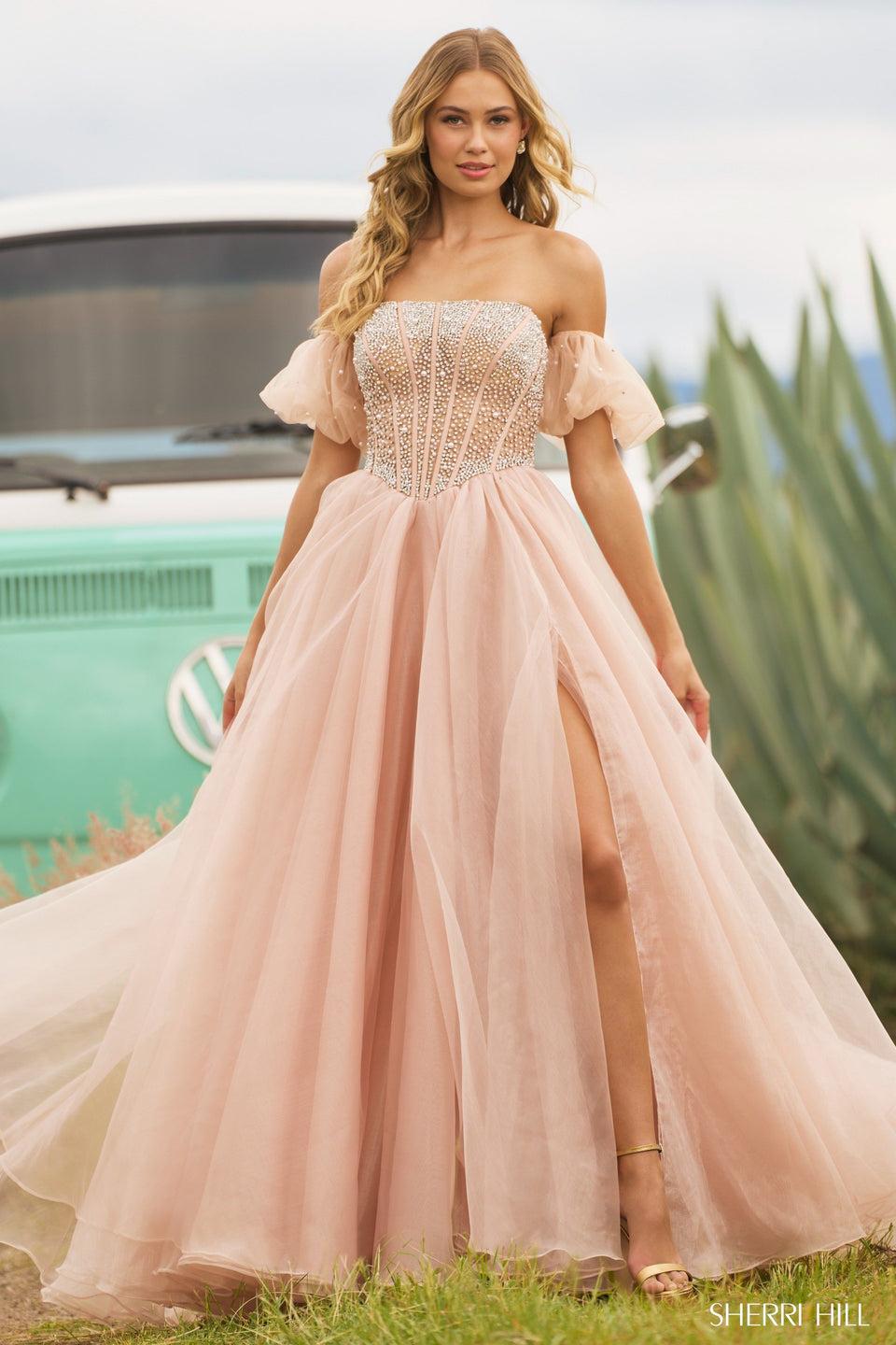 sherri hill Strapless pearl beaded corset gown with organza skirt slit and removable ballon sleeves