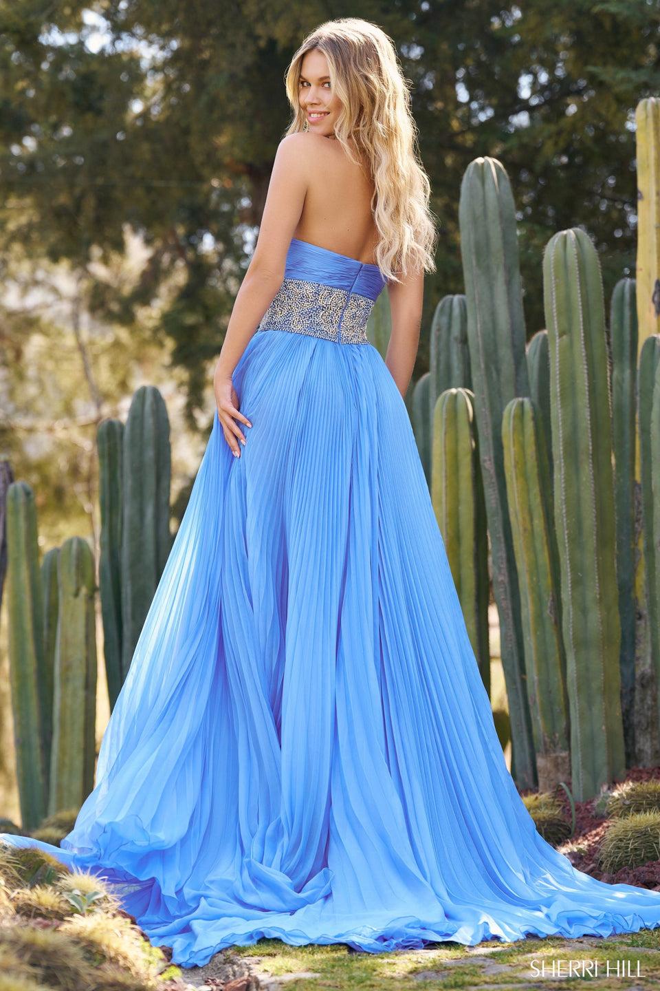 Sherri Hill Strapless Pleated Chiffon Gown With Beaded Artwork On Bodice And Skirt Slit