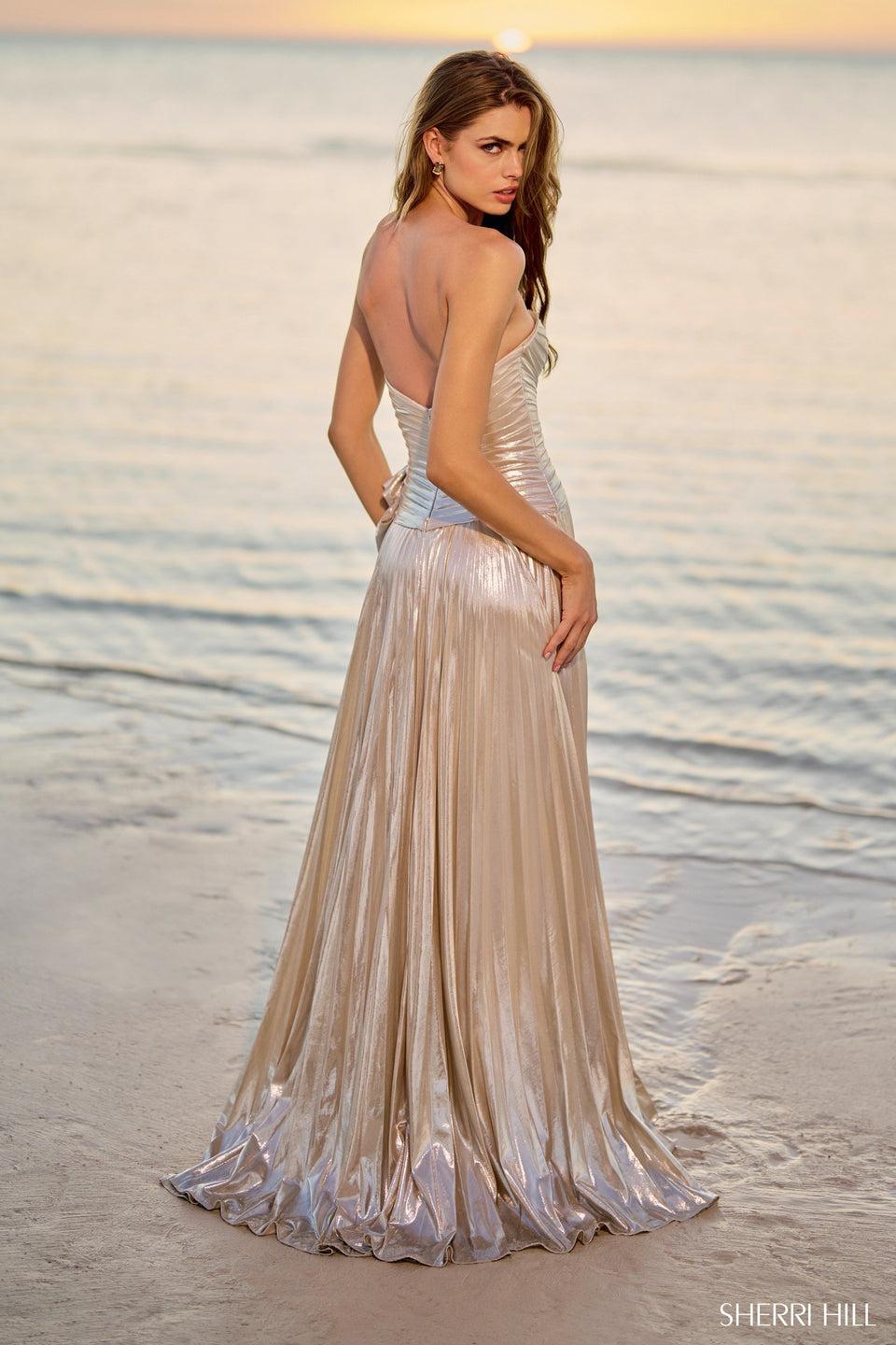 Sherri Hill Strapless Pleated Metallic Gown With Ruched Neckline And Skirt Slit