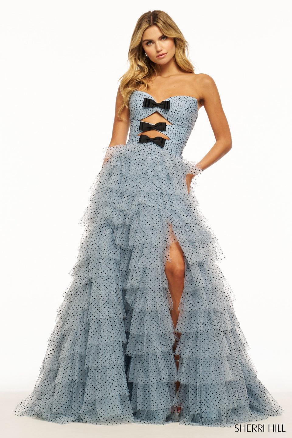 Sherri Hill Strapless Polka Dot Ball Gown With Key Holes Bows And A Tulle Ruffle Skirt Slit