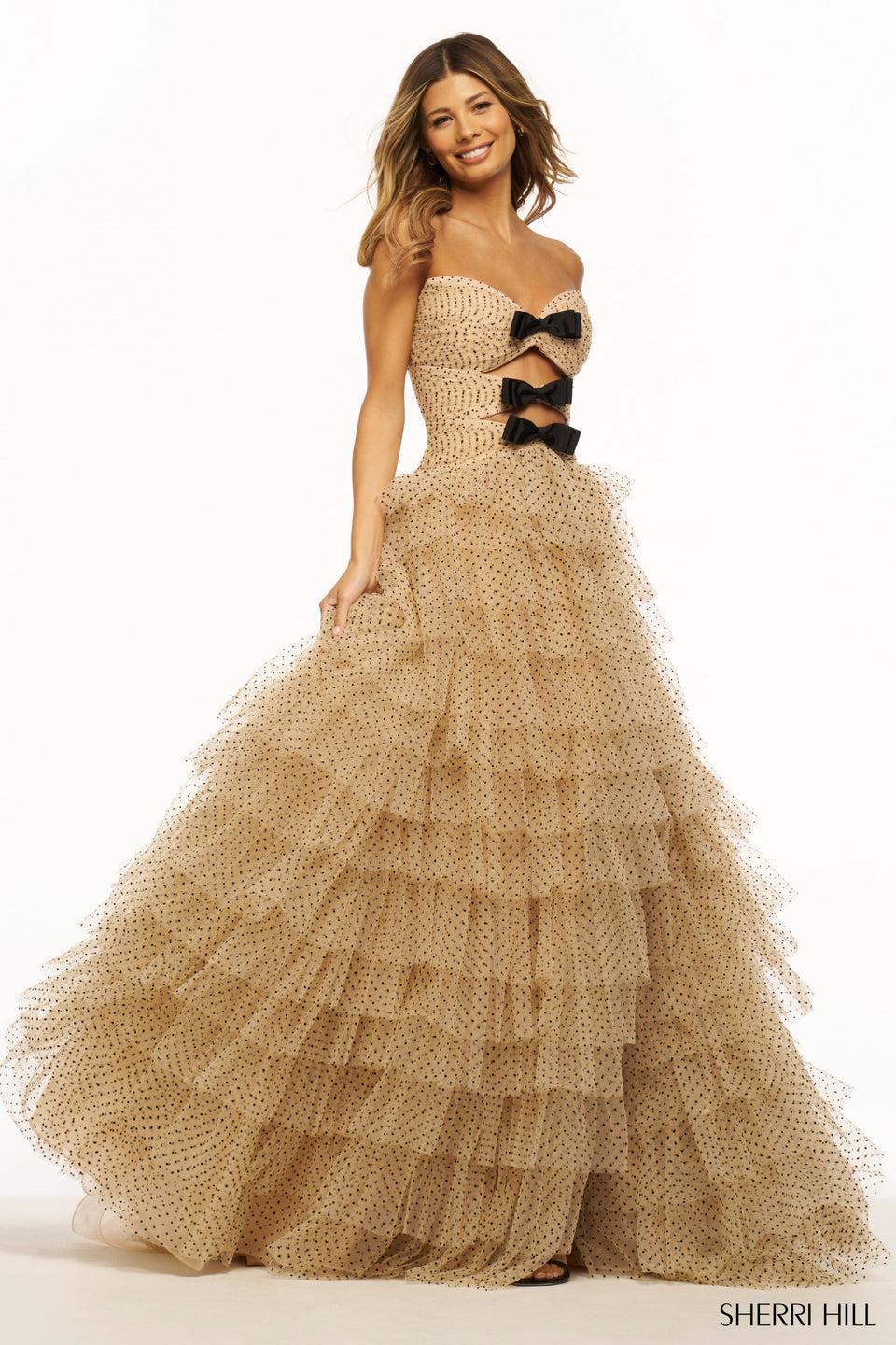 Sherri Hill Strapless Polka Dot Ball Gown With Key Holes Bows And A Tulle Ruffle Skirt Slit