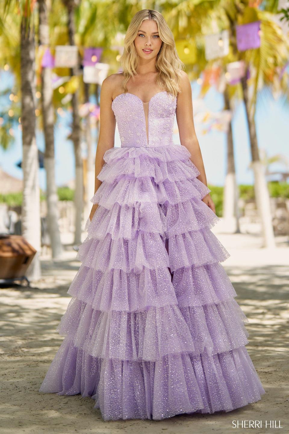 Sherri Hill Strapless Ruffle Ballgown With Pearl And Sequin Embellishments Deep V Illusion Neckline And Skirt Slit