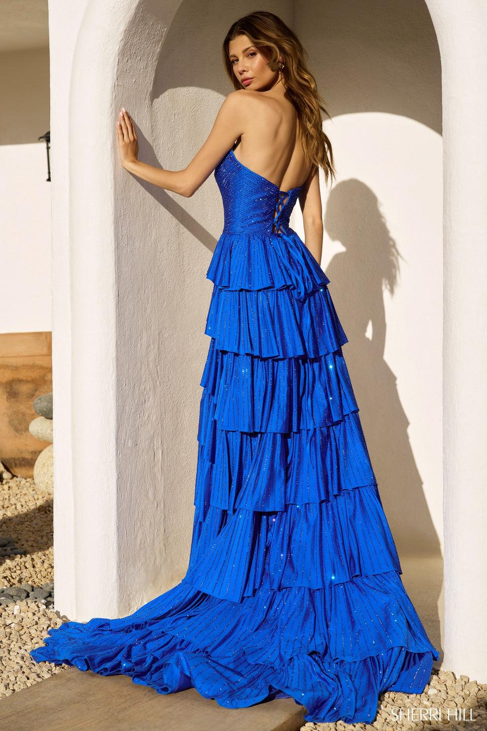 Sherri Hill Strapless Ruffle Hot Fix A-Line Gown With Skirt Slit