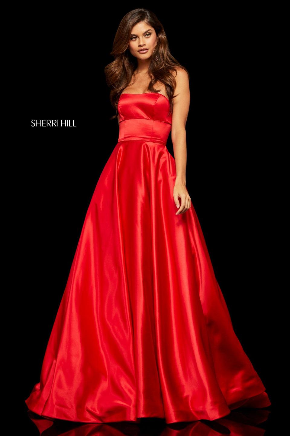 sherri hill Strapless satin A-line gown with corset style back