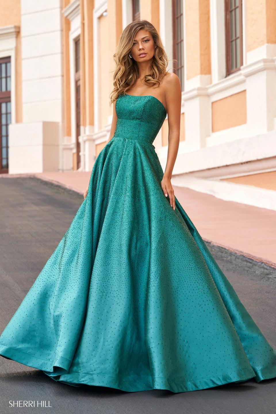 sherri hill Strapless satin A-line gown with rhinestones and corset style back