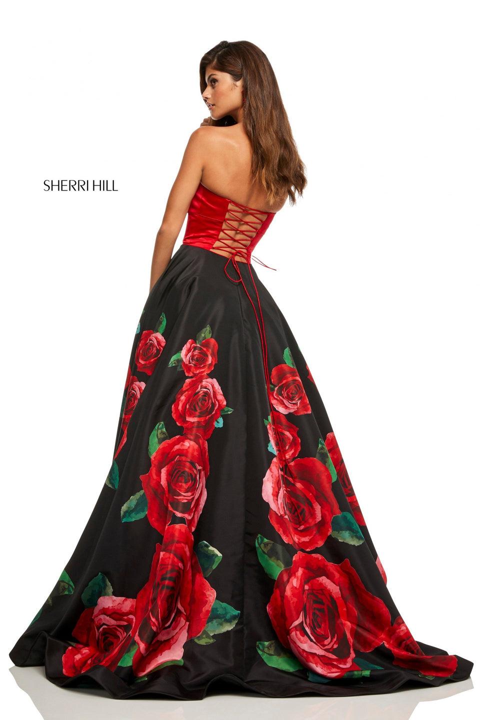 Sherri Hill Strapless Satin A-line With Rose Print Skirt