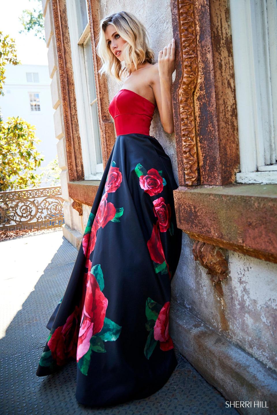 sherri hill Strapless satin A-line with rose print skirt