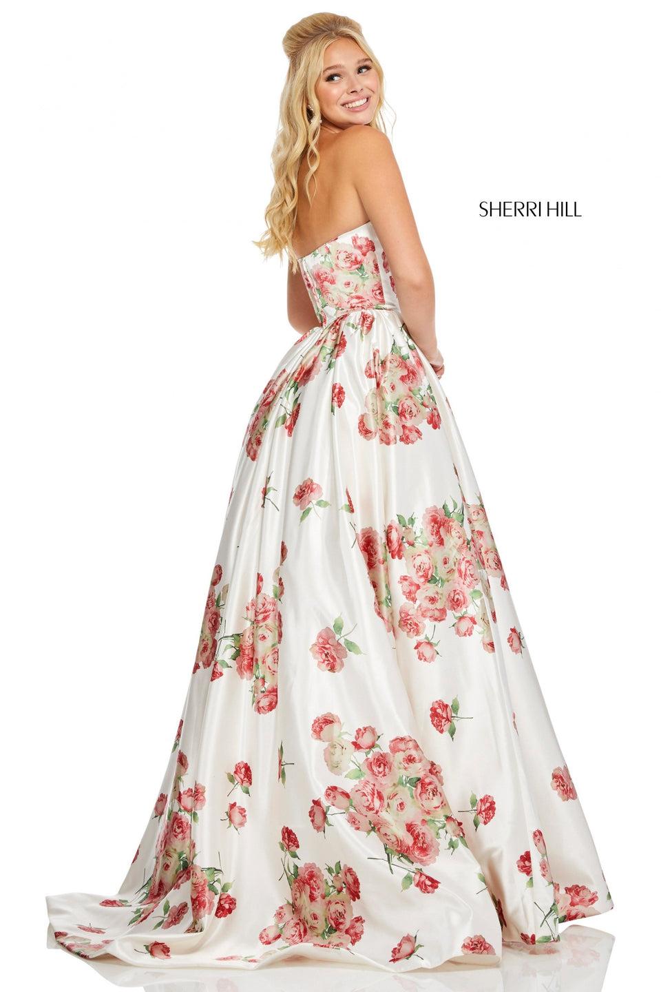 sherri hill Strapless satin ball gown in a floral print