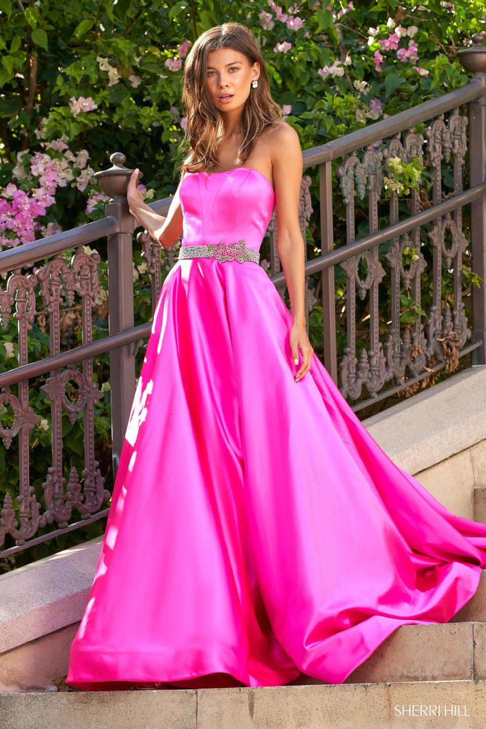 Sherri Hill Strapless Satin Ball Gown With A Beaded Belt