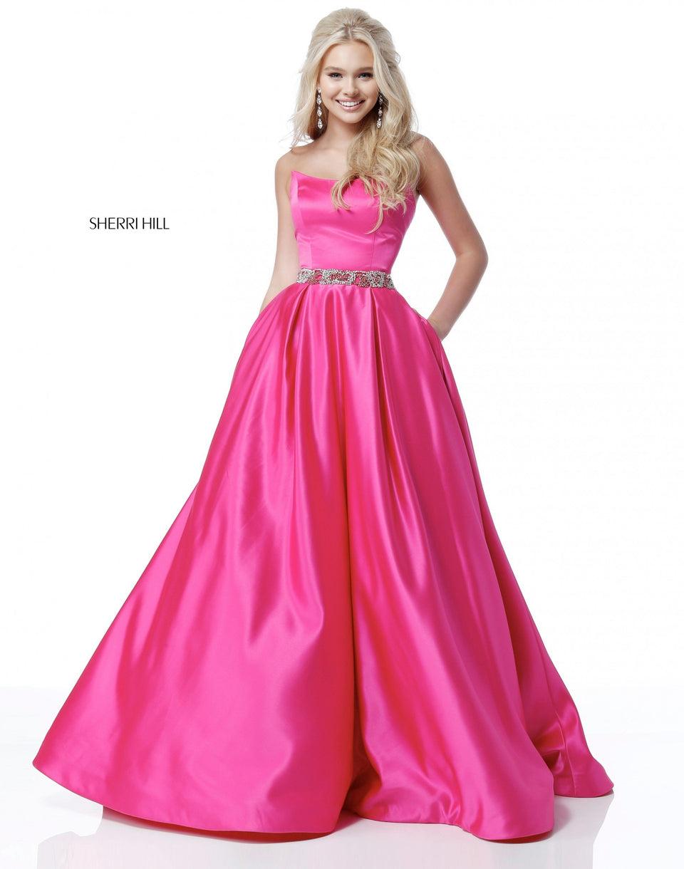 Sherri Hill Strapless Satin Ball Gown With Bead Encrusted Belt