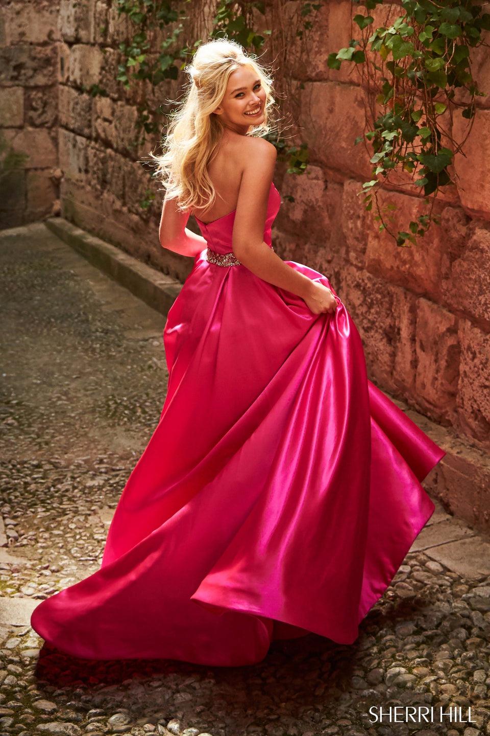 sherri hill Strapless satin ball gown with bead encrusted belt