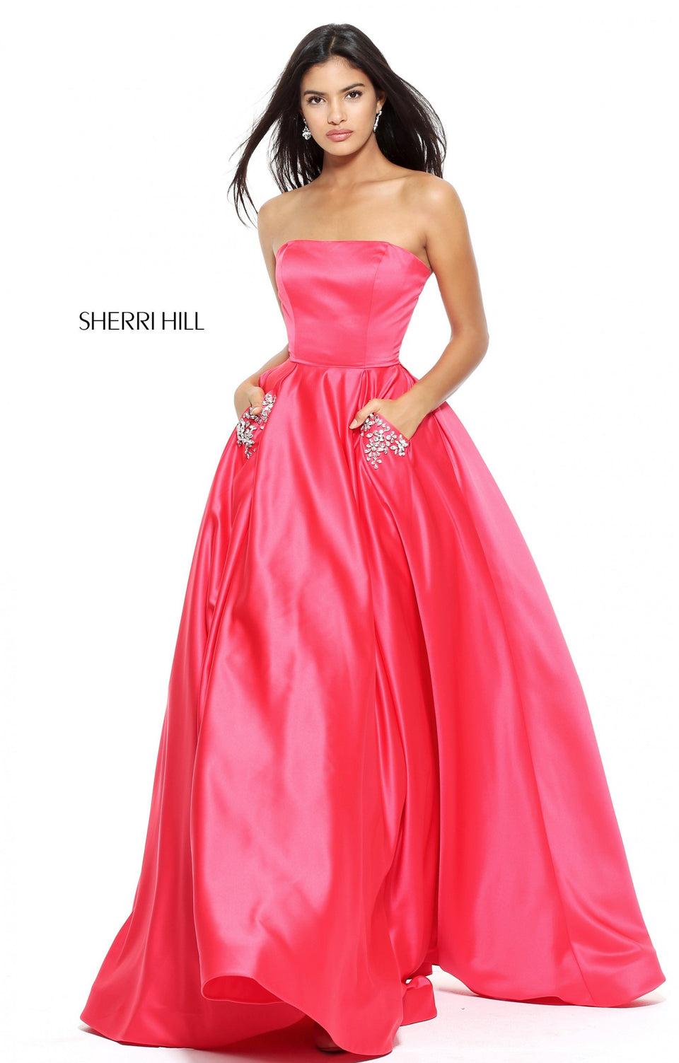 Sherri Hill Strapless Satin Ball Gown With Embellished Pockets
