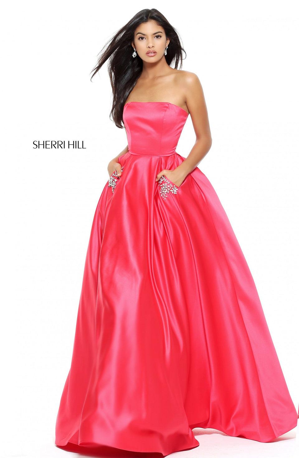 Sherri Hill Strapless Satin Ball Gown With Embellished Pockets