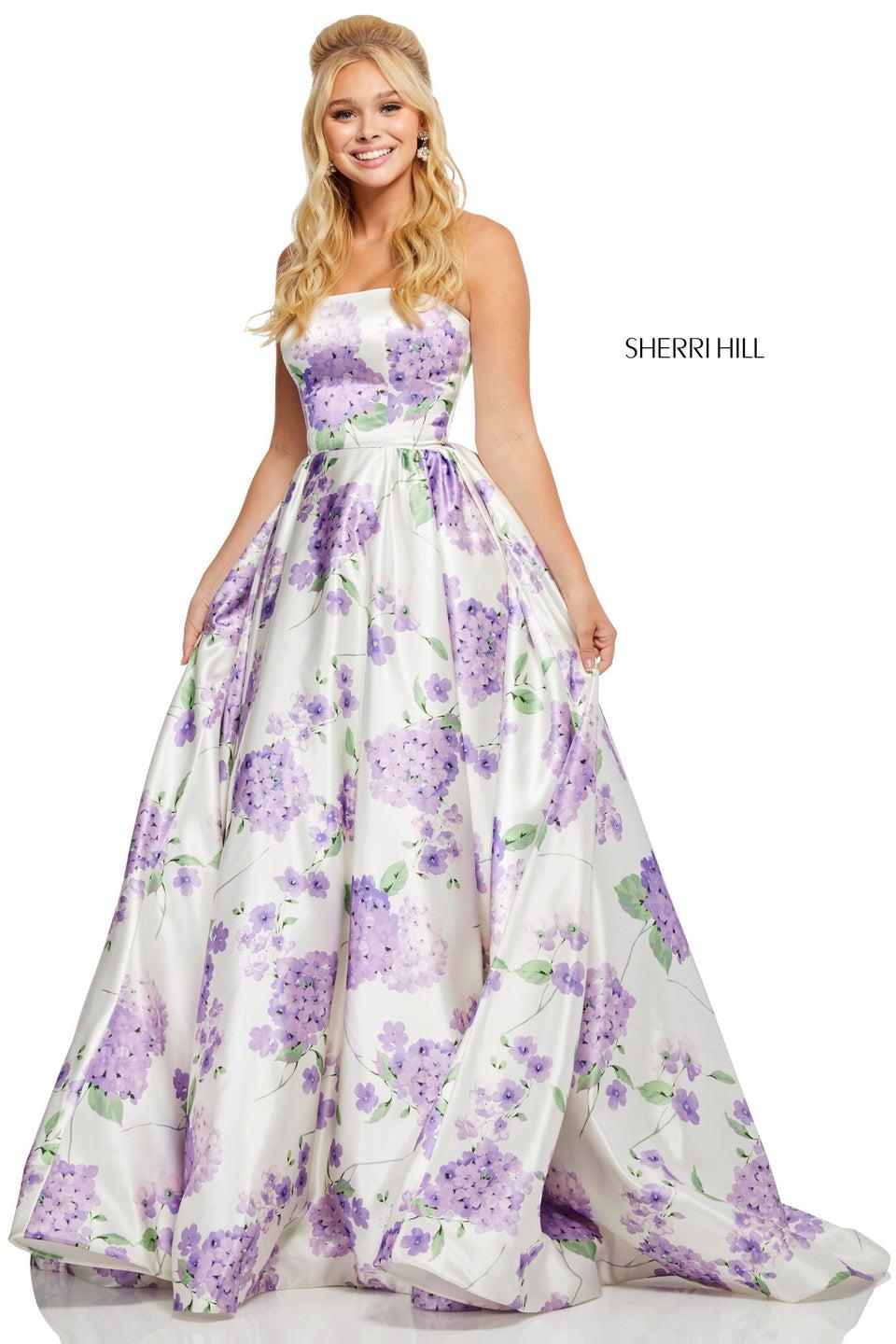 Sherri Hill Strapless Satin Ball Gown With Floral Print