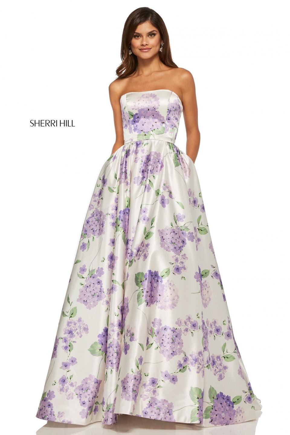 sherri hill Strapless satin ball gown with floral print