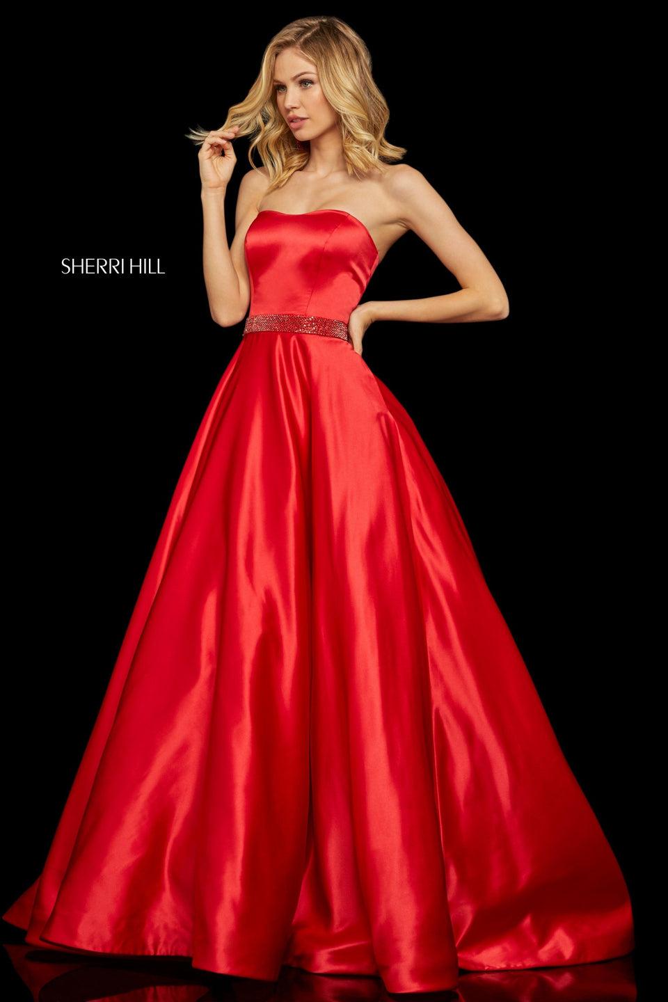 sherri hill Strapless satin ball gown with jewel encrusted waistband