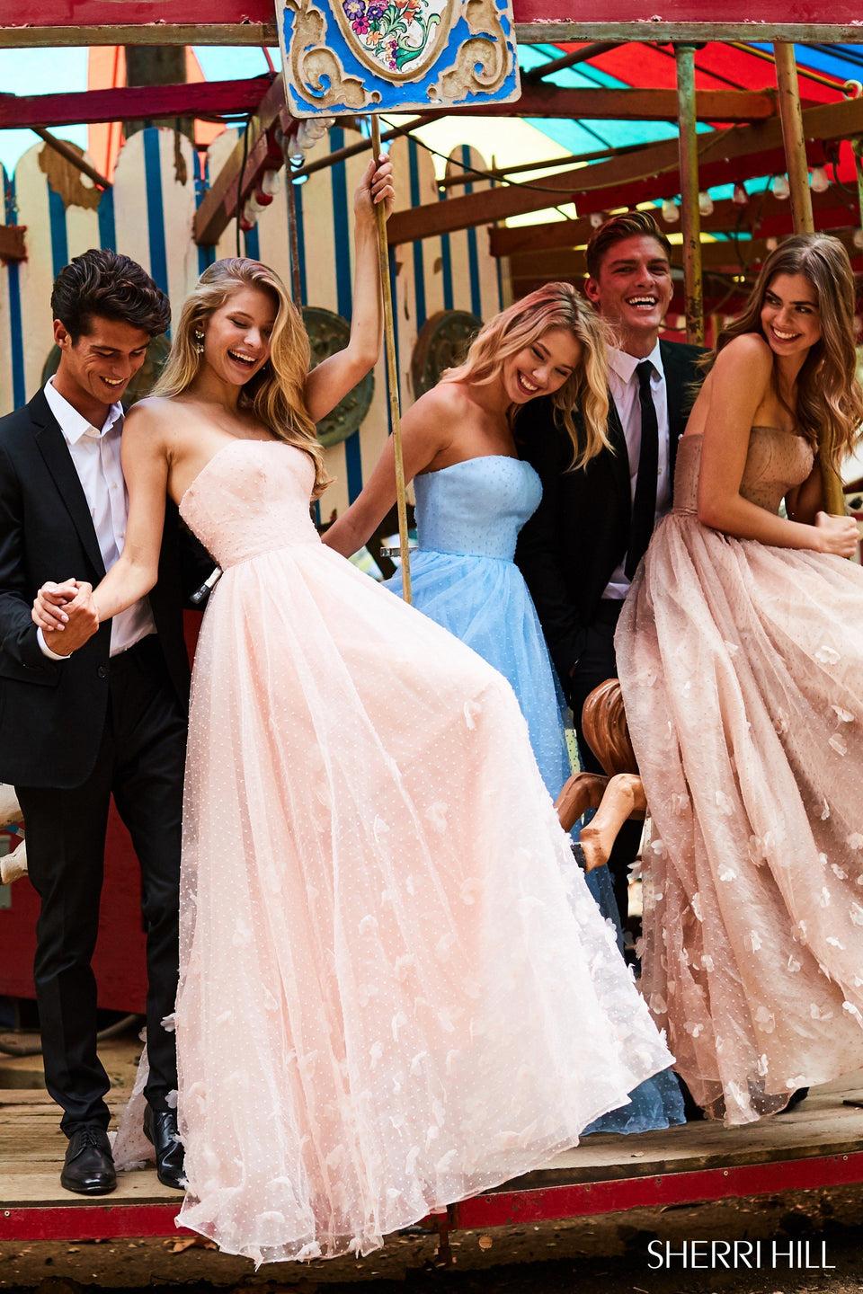 sherri hill Strapless satin ball gown with tulle flower appliqued overskirt