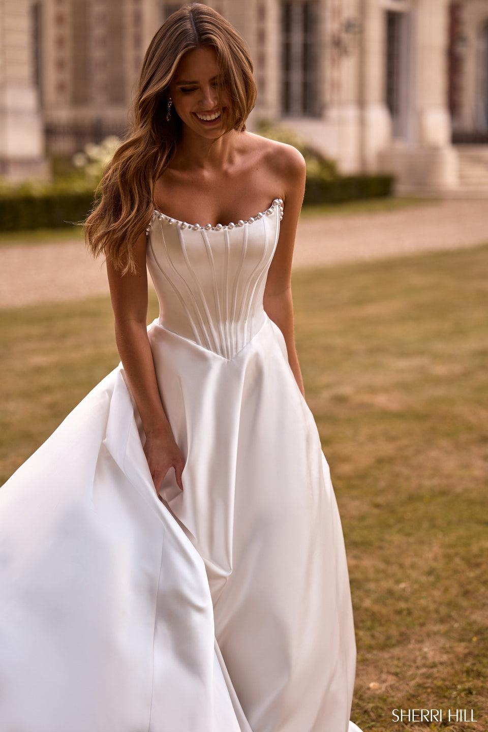 Sherri Hill Strapless Satin Ballgown With Corset Bodice And Pearl Embellishments