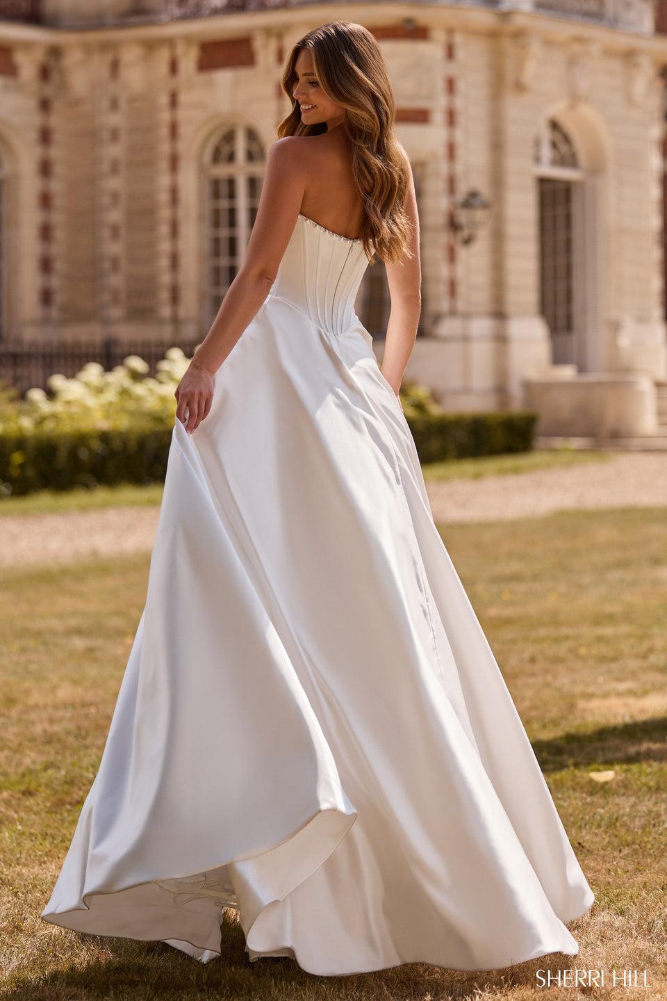 Sherri Hill Strapless Satin Ballgown With Corset Bodice And Pearl Embellishments