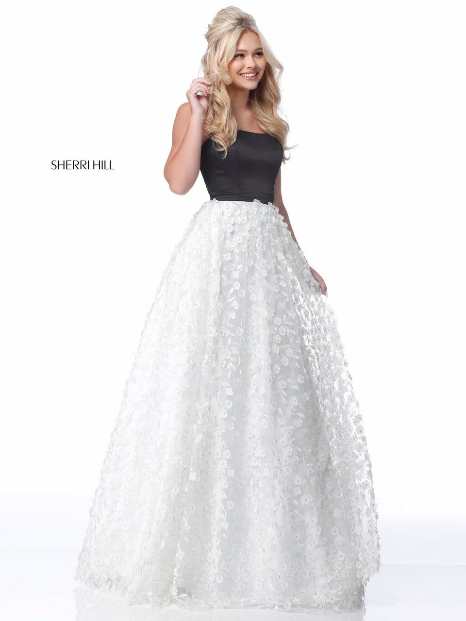 Sherri Hill Strapless Satin Bodice With Flower Appliqued Ball Gown Skirt