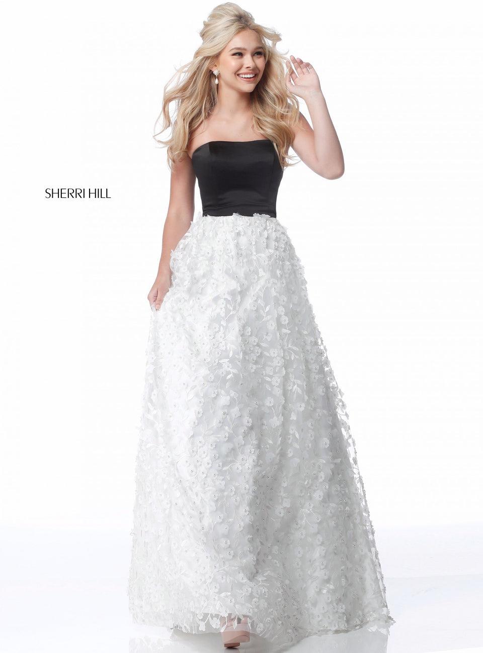 sherri hill Strapless satin bodice with flower appliqued ball gown skirt