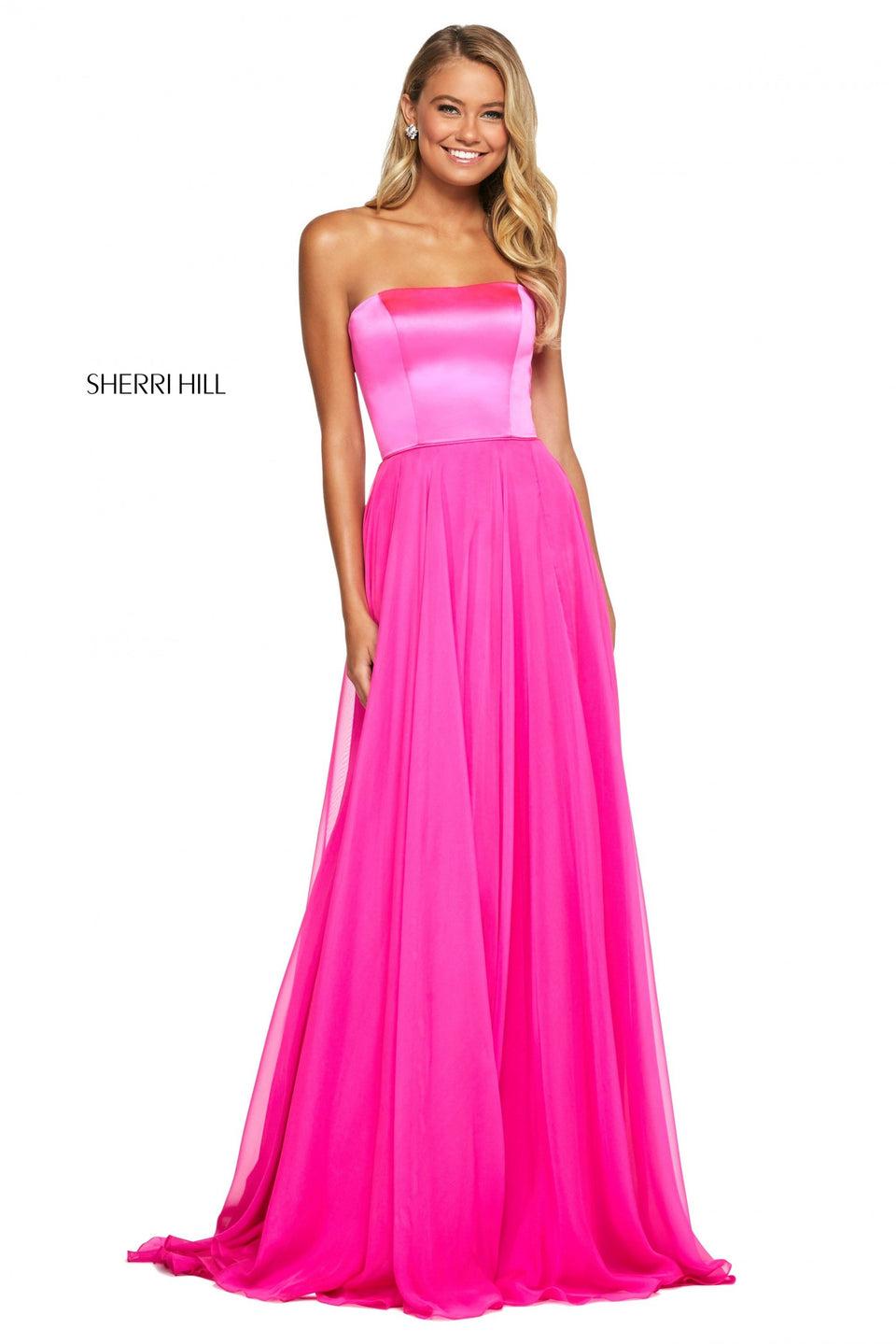 Sherri Hill Strapless Satin Bodice With Lace Up Back And Chiffon Skirt