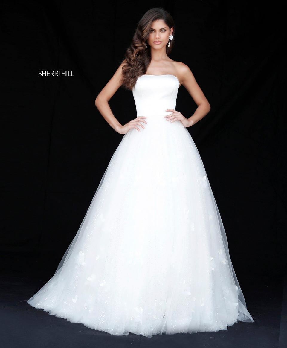 Sherri Hill Strapless Satin Bodice With Tulle Flower Appliqued Ball Gown Skirt
