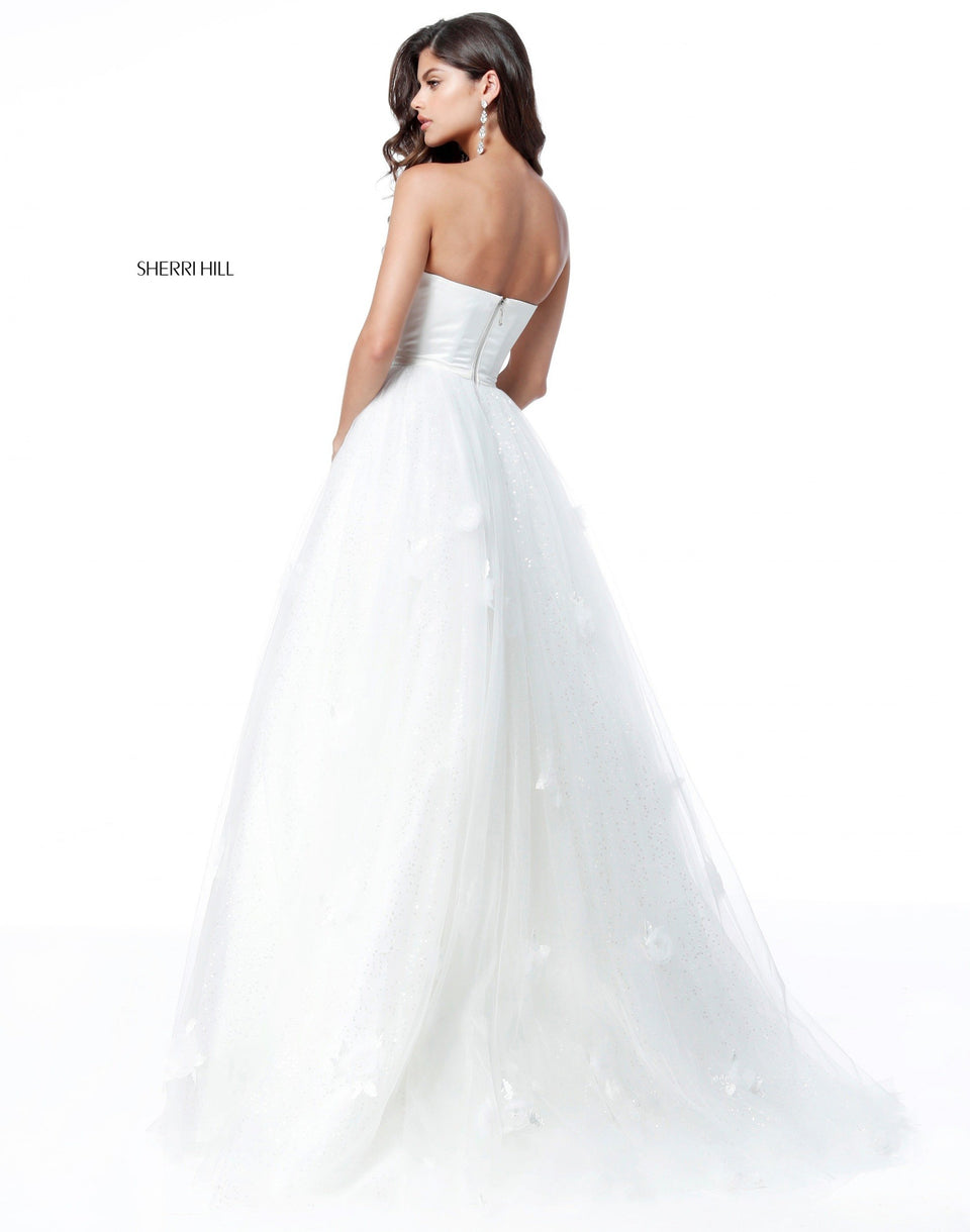 Sherri Hill Strapless Satin Bodice With Tulle Flower Appliqued Ball Gown Skirt