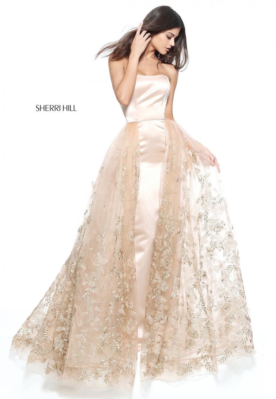 Sherri Hill Strapless Satin Column Gown With A Tulle And Gold Floral Applique Over Skirt
