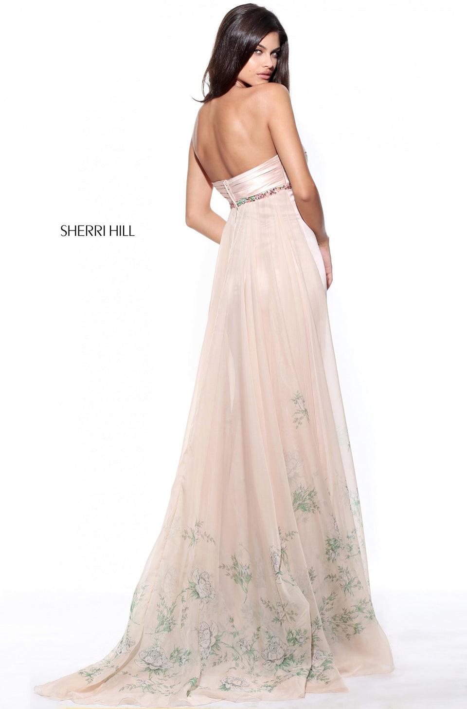 Sherri Hill Strapless Satin Column With A Chiffon Floral Border Print Float