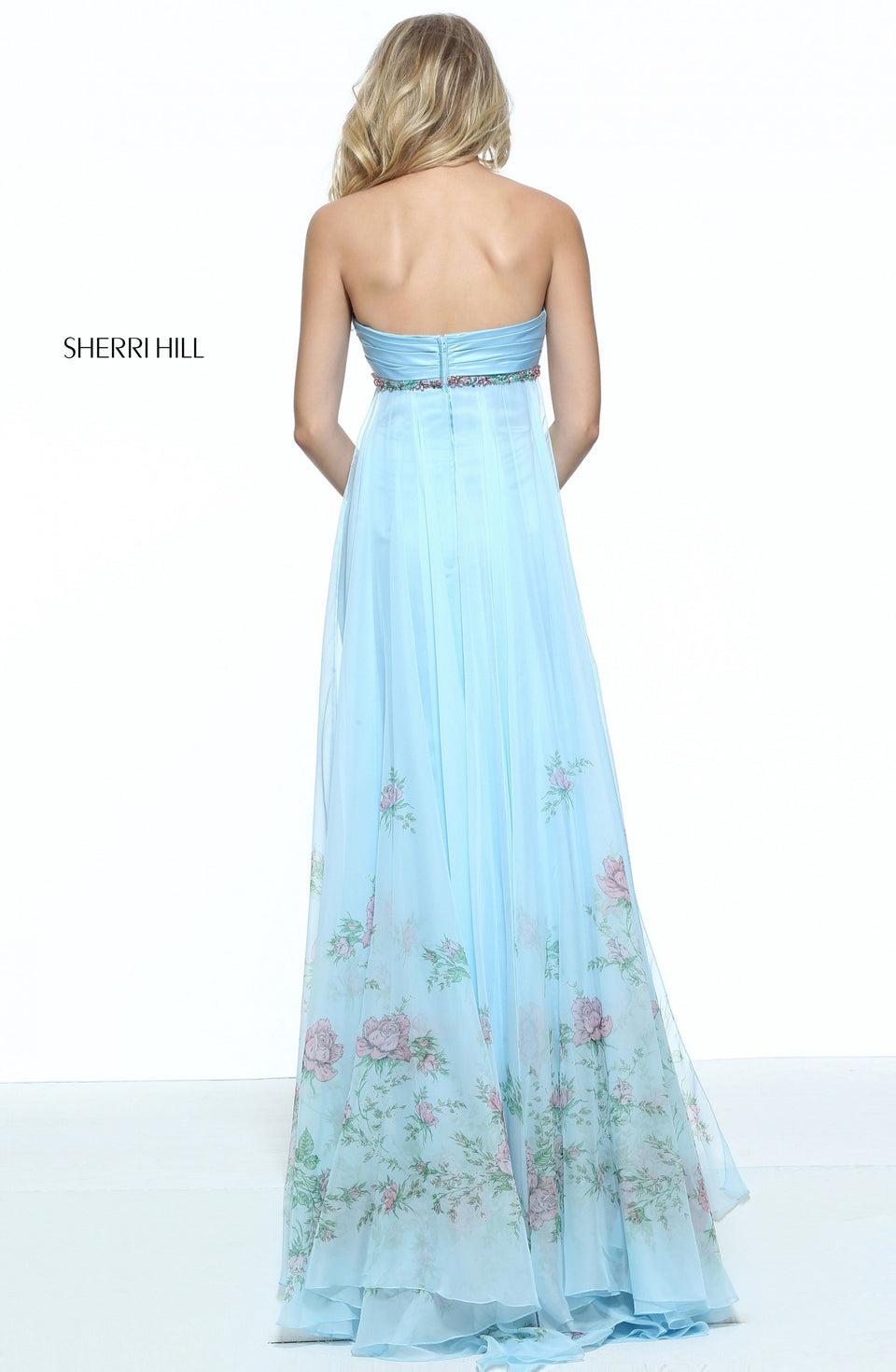 Sherri Hill Strapless Satin Column With A Chiffon Floral Border Print Float