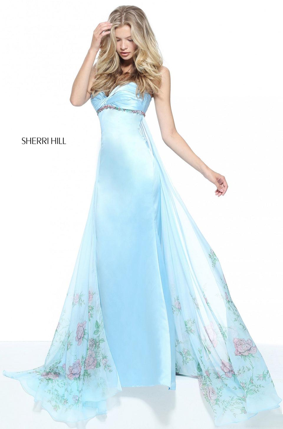 sherri hill Strapless satin column with a chiffon floral border print float