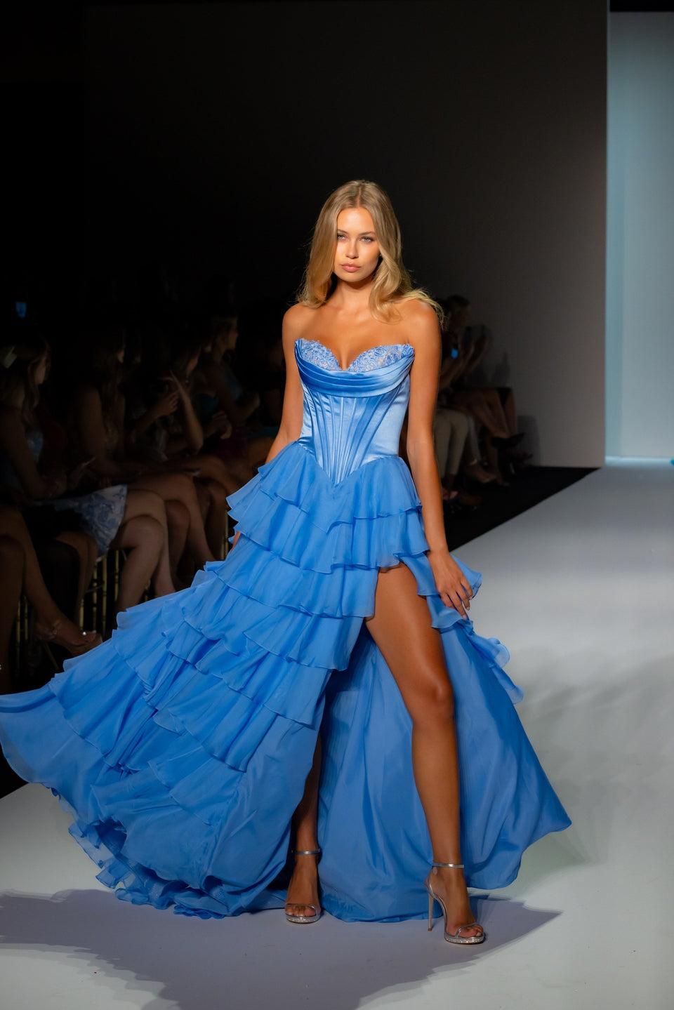 Sherri Hill Strapless Satin Corset Ball Gown With Chiffon Ruffle Skirt Slit