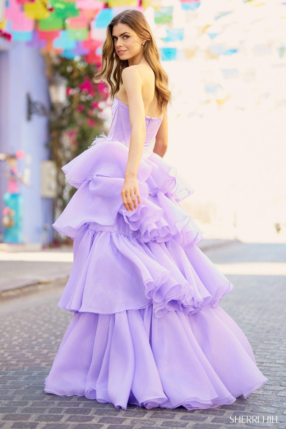 Sherri Hill Strapless Satin Corset Ball Gown With Pearl Embellishments Organza Ruffle Skirt With Slit
