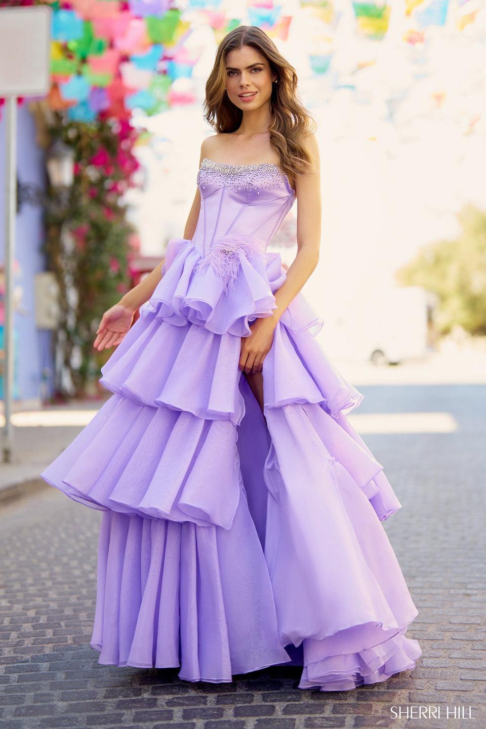 Sherri Hill Strapless Satin Corset Ball Gown With Pearl Embellishments Organza Ruffle Skirt With Slit