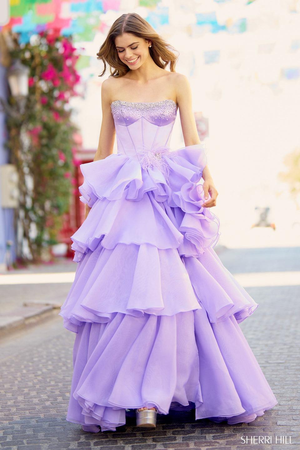 sherri hill Strapless satin corset ball gown with pearl embellishments organza ruffle skirt with slit