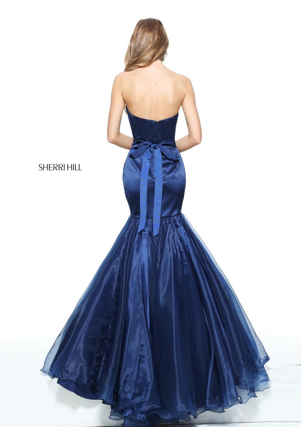 Sherri Hill Strapless Satin Mermaid With A Beaded Ribbon Belt And Organza Skirt