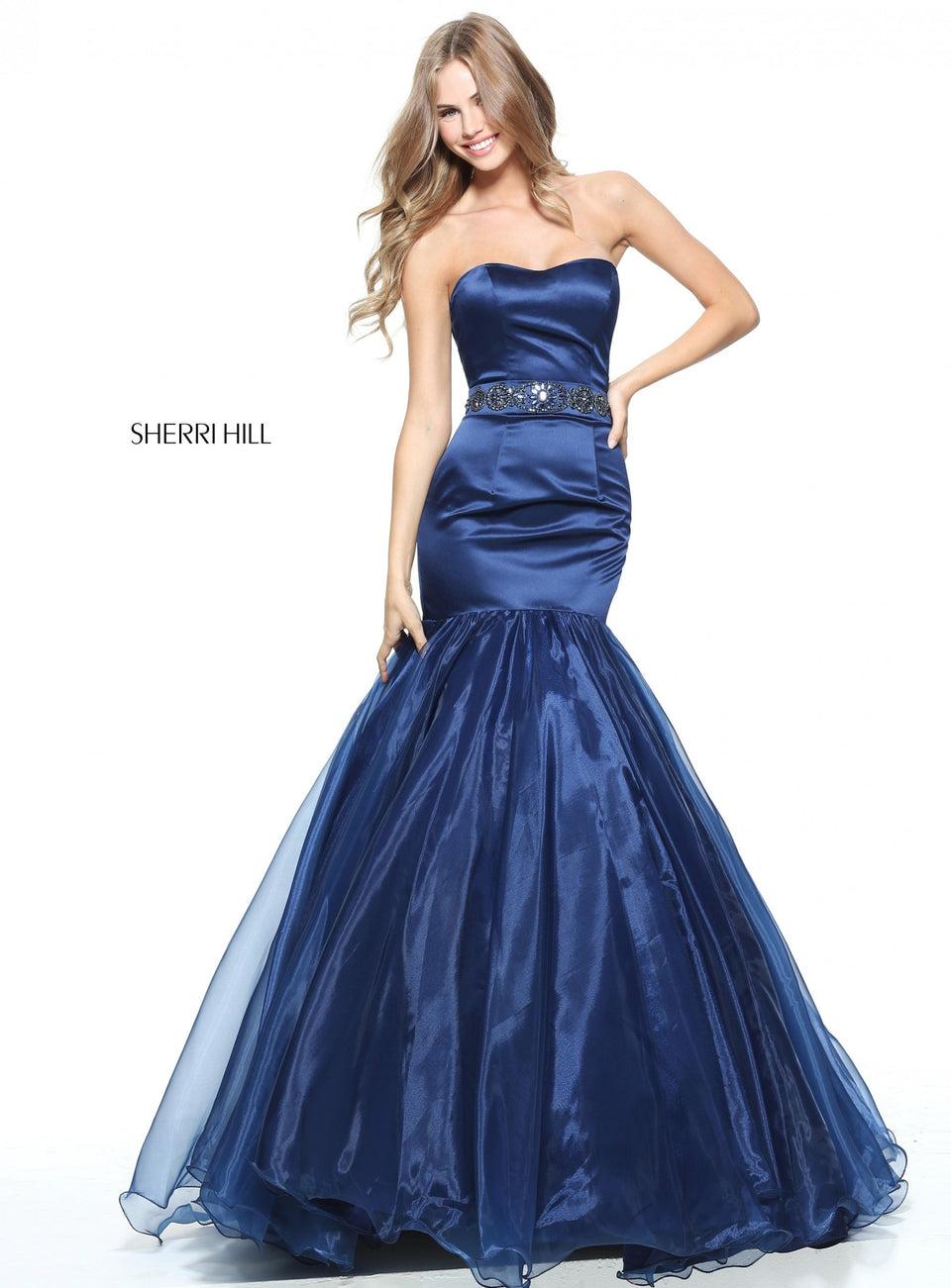 sherri hill Strapless satin mermaid with a beaded ribbon belt and organza skirt