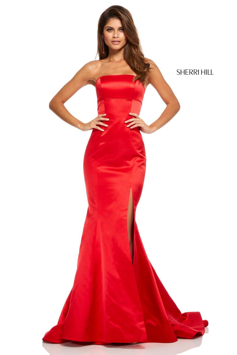 sherri hill Strapless satin mermaid with skirt slit