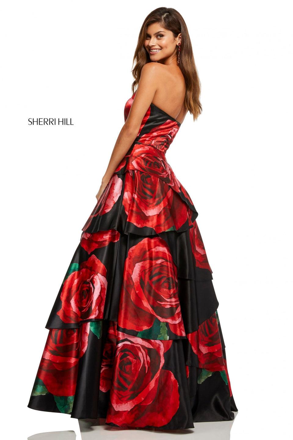 Sherri Hill Strapless Satin Rose Print Layered Ball Gown Skirt